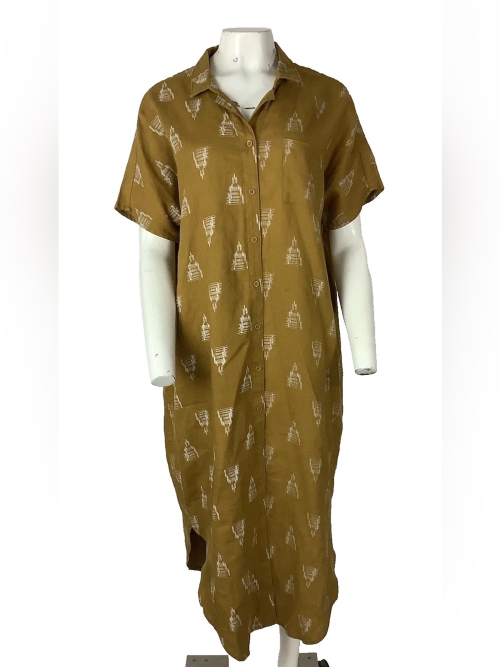 Garnet Hill Sz XL 100% Flax Linen Aztec Print Maxi Shirt Dress Clay Yellow
